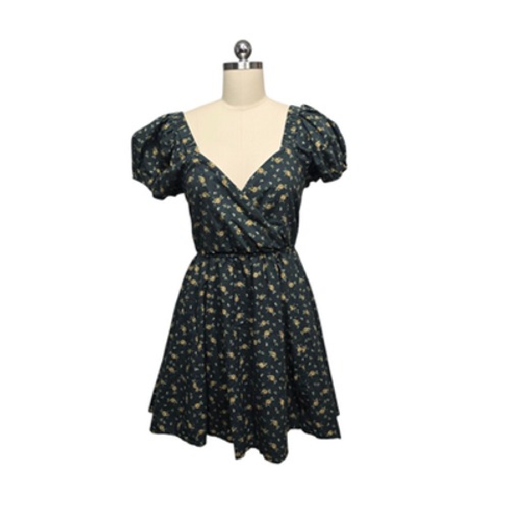 Lulus Dress‎ Womens XL Dark Green Floral Wrap V Neck Puff Sleeve Open Back Mini